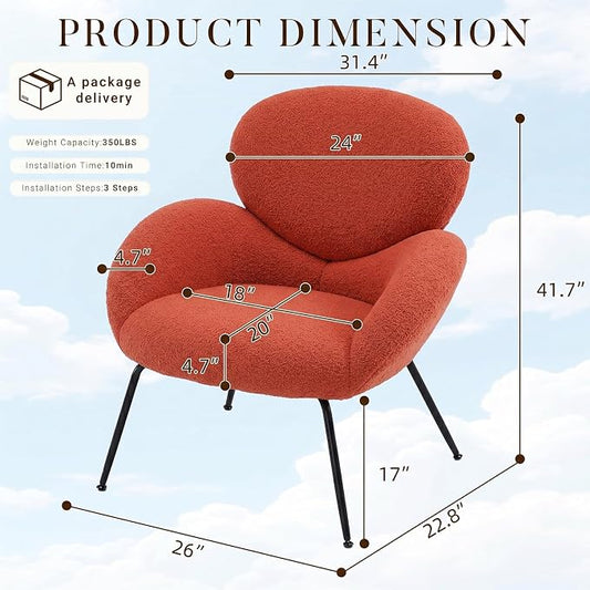 Accent Chair, Cloud Accent Chair for Bedroom, Boucle Fabric(Orange) | Comfy Bedroom Chair with Love Back and Sturdy And Durable Solid-Wood Frame/ Study Room / Bedroom / Living Room /(Cream Style)