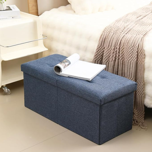 Storage Ottoman Bench Foldable Seat Footrest Shoe Bench End of Bed Storage with Flipping Lid, 75L Storage Space, 30 inches Linen Fabric Navy