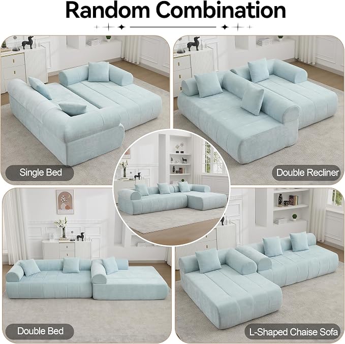 119" Boneless Curved Sofa Couch, 3 Seat Cloud L Shaped Deep Seat Couches for Living Room, No Assembly Modular Sofa with Right Chaise Lounge, Blue