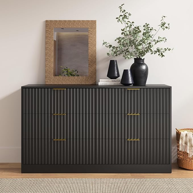 Black 6 Drawer Dresser for Bedroom, 55" Wide Fluted Chest of Drawers with Gold Metal Handles, Wood Dresser Storage Organizer Mid Century TV Stand for Living Room Closet Hallway