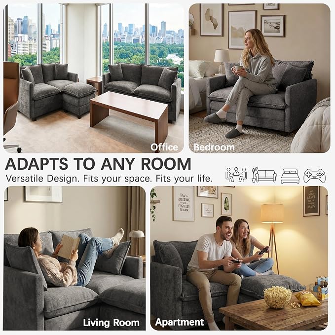 52'' Loveseat Sofa with Ottoman, Cloud Sofa Couch with 27" Deep Seat & 2 Pillows, Modern Comfy Chenille Small Couch for Small Spaces, Apartment, Studio, Bedroom, Living Room