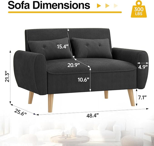 JAMFLY 47'' Small Loveseat Sofa, 2 Seat Compact Couch with Tapered Legs, Black Upholstered Furniture, Solid Wood Frame, Comfy Foam Cushion, Easy Assembly for Small Spaces