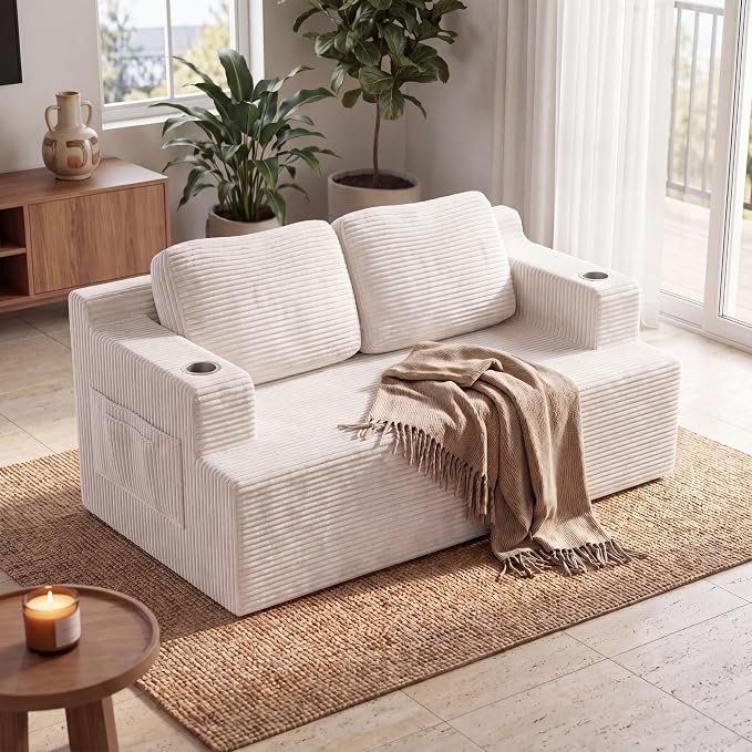 Homall 67” Cloud Couch Sofa 2 Seater Comfy Upholstered Loveseat Floor Sofa with High Density Memory Foam, No Assembly Required, Boneless Couch for Bedroom Living Room (White, Loveseat)
