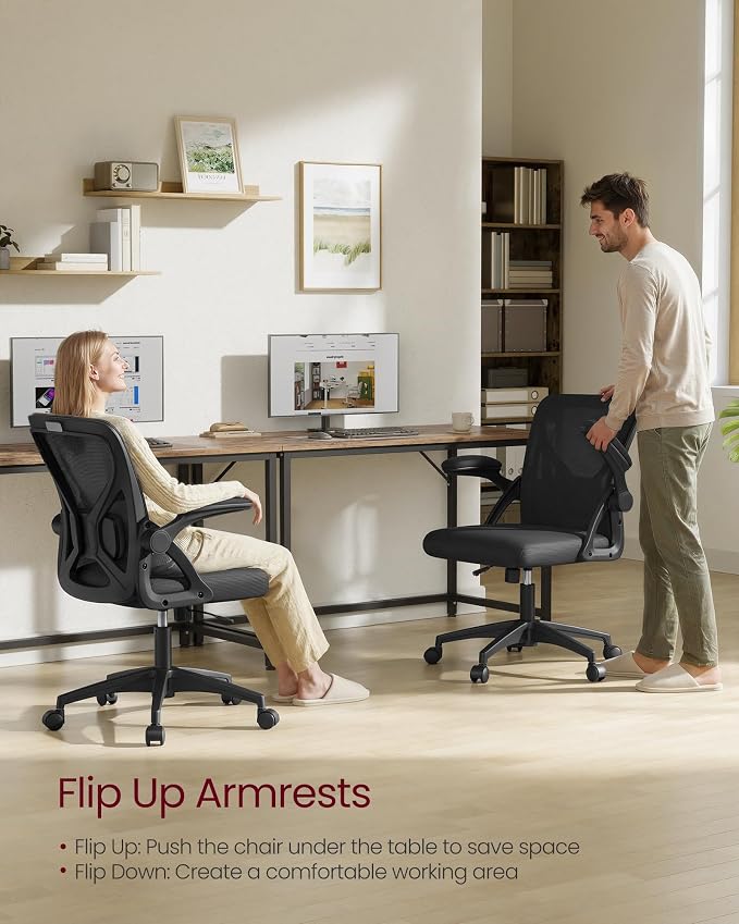 VASAGLE Ergonomic Mesh Office Chairs with Adjustable Lumbar Support, 90-105° Tilt Function, Wide Seat, Flip‑Up Armrests, Computer Desk Chairs for Home Office, Set of 2, Ink Black