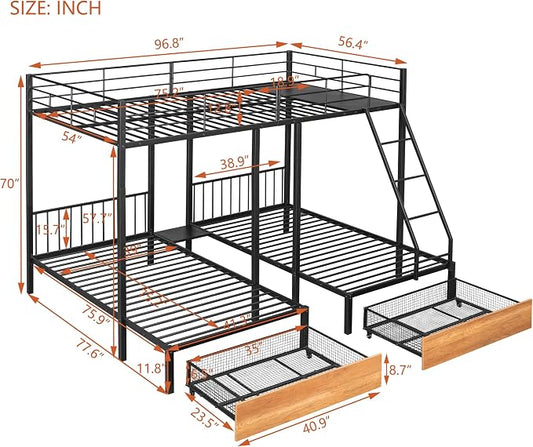 Full Over Twin & Twin Bunk Bed, Heavy Duty Metal Triple Bunk Bed with Drawers and Guardrails, Can be Divided into 3 Separate Beds, Triple Bunk Bed Frame for Kids Teens Aldults (Black + Metal)