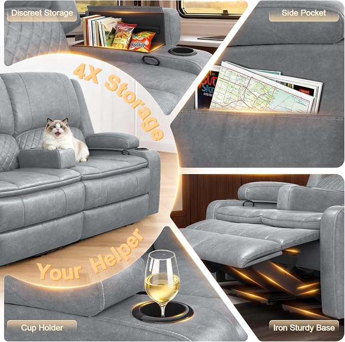 RV Loveseat Recliner Wall Hugger, Manual RV Reclining Loveseat with Removable Armrest, 3X Adjustable Theater Wall Hugger Loveseat Recliners with USB Ports, Cup Holders, Multi-Storage (PU,Grey)