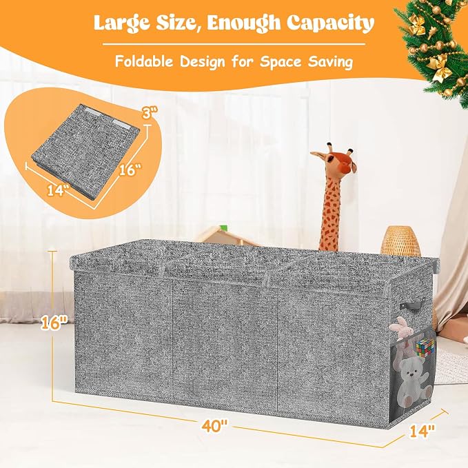 Beadsky Extra Large Toy Box, Toy Chest for Toddlers with Lids, Collapsible Toy Storage Organizer, Kids Bin Boxes Storage Basket for Boys, Girls, Nursery, Living Room, Playroom, 38"x14"x16", Gray