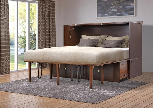 Mega Solutions Notturno Murphy Cabinet Bed Queen 8 inch Save Space in Style with Elegant Chestnut Wood Finish Charging Station - Guest Room or Small Apartment Must-Have