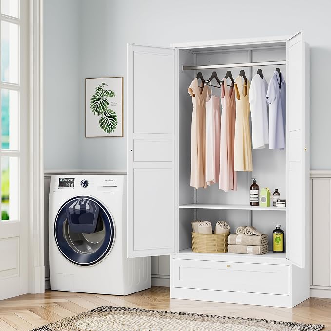 BYNSOE Metal Armoire Wardrobe Closet with 2 Doors 72'' Wardrobe Cabinet with Drawers and Hanging Rail Metal Closet with Adjustable Shelves for Bedroom. (White, with 1drawer)