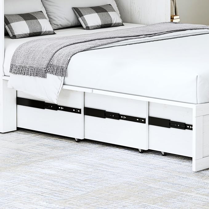 Full Murphy Bed with Storage & Charging Station, Farmhouse Murphy Cabinet Bed with Large Drawer, Hideaway Foldable Platform Bed for for Guest Room, Bedroom, Home Office, Mattress Not Included, White