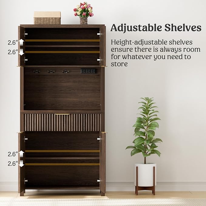 Lulive 71" Fluted Pantry Cabinet with Charging Station, Brown | Adjustable Shelves, Open Countertop, Drawer, Spacious Kitchen Storage