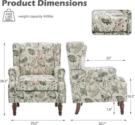 High Back Accent Chair, Fabric Upholstered Armchair Floral Wingback Chair for Living Room, Comfy Solid Wood Legs Bedroom Reading Seat - Plants Beige