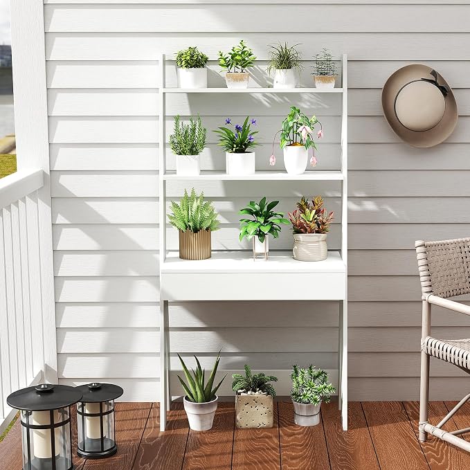 Tangkula Ladder Desk with Countertop & Drawer, Home Office Computer Laptop Table with Open Shelves & Anti-Tip Kits, Wall-Leaning Compact Working Station for Small Spaces (White)