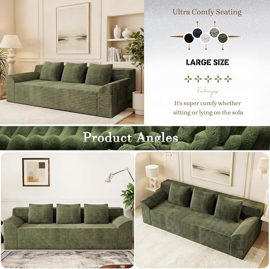 71" Corduroy Living Room Sofa, 3 Setaser Deep Seat Couch with 3 Lumbar Pillows, Comfy Boneless Sofa Modern Compressed Couch for Bedroom, Office, Apartment, No Assembly, Curved Armrests (Green)