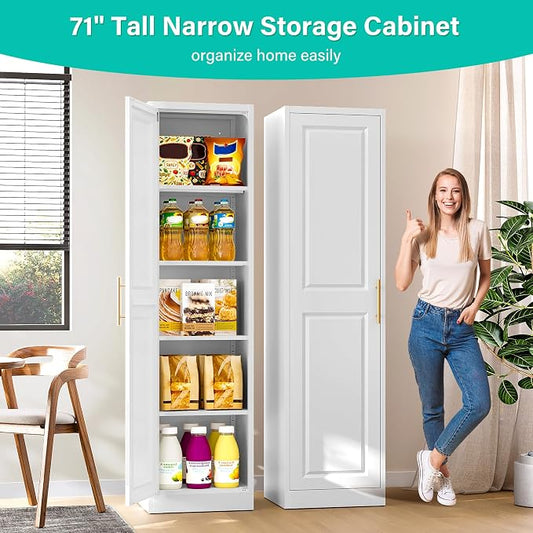 SISESOL 71" Tall Narrow Storage Cabinet with 1 Door and 5 Shelves,Slim Kitchen Pantry Cabinet,White Metal Bathroom Cabinets,Large Cupboard for Home,Kitchen,Laundry,Bathroom