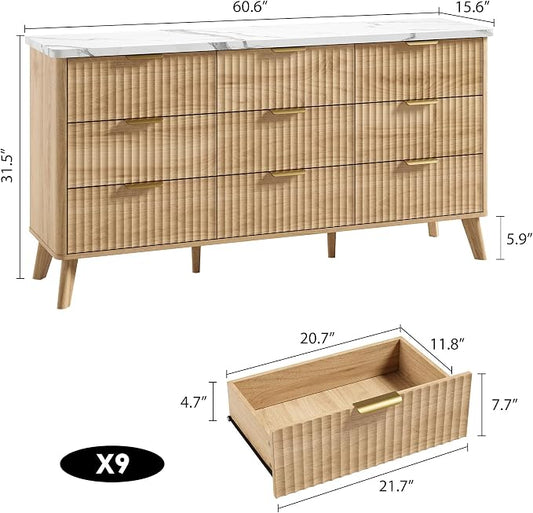 Fluted Dresser for Bedroom with 9 Deep Drawers, 60.6" Wide Modern Chest of Drawer with Faux Marble Top, Wooden Dresser TV Stand, Curved Profile Design, for Living Room, Kids Room, Hallway, Natural Oak