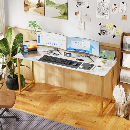 PayLessHere | 63 Inch Computer Desk | White Gold | Office Desk with Metal Frame, Adjustable Feet | Water-Resistant, Scratchproof Surface | Sturdy Writing Table for Home Office or Study | Pack of 1
