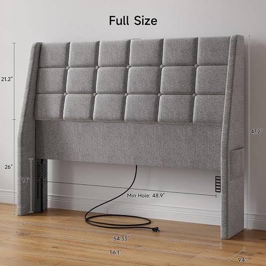 Ergonomic Upholstered Full Size Headboard w/Charging Station, Linen Wingback Headboards w/Storage Pocket, Full Headboard Only, Bed Frame Adapters, Sturdy Solid Wood Bed Head Board, Light Grey