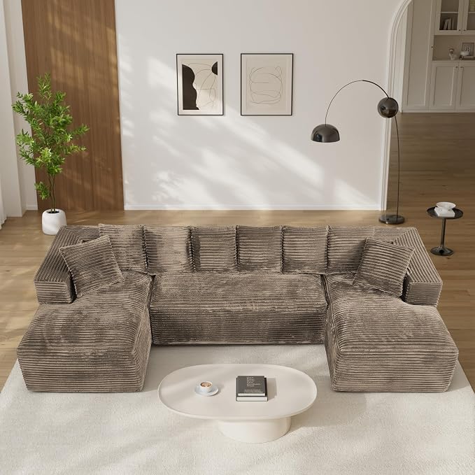 131" Oversized U Shaped Cloud Sectional Couches for Living Room, Comfy Fluffy Corduroy Brown Boneless Sectionals Couch, Plush Memory Foam Modular Sectional Sofa with Chaise- 19" Seat Height