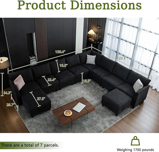 150.4" Large Sectional Couches for Living Room, 8 Seater L Shaped Modular Sectional Sofa with Two Storage Ottomans & USB, Oversized Corner Couch for Living Room(Black)