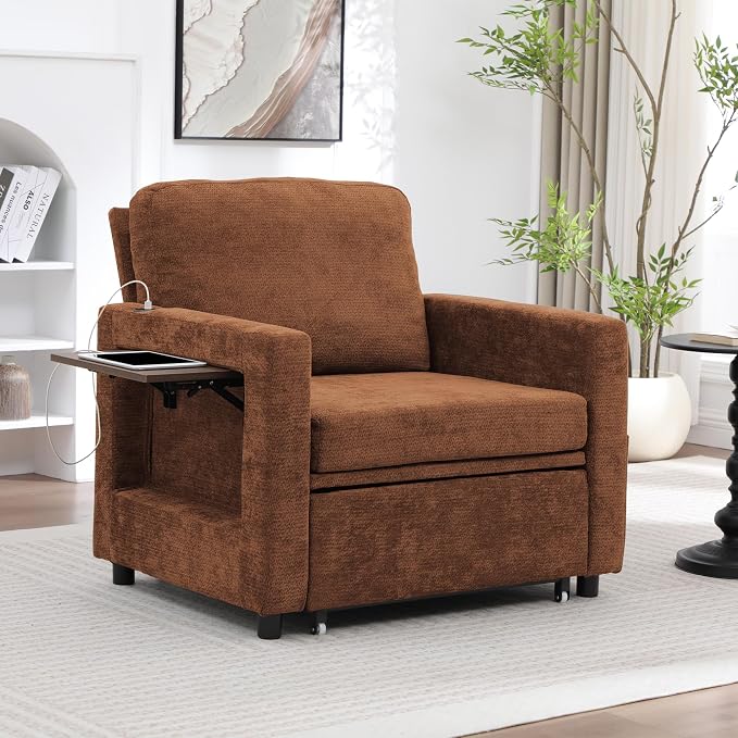 3 in 1 Folding Convertible Sleeper Sofa Bed Pull Out Couch with Side Pockets USB Port Side Table Single Sofa Bed with Adjustable Backrest for Living Room Bedroom 66" Orange 1 SEAT