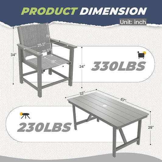 7 Piece HDPE Patio Dining Set, All-Weather Outdoor Table and Chair Sets with Umbrella Hole Outdoor Dining Table Sets of 6 Textilene Fabric Patio Chairs for Backyard, Poolside, Garden, Deck(Gray)