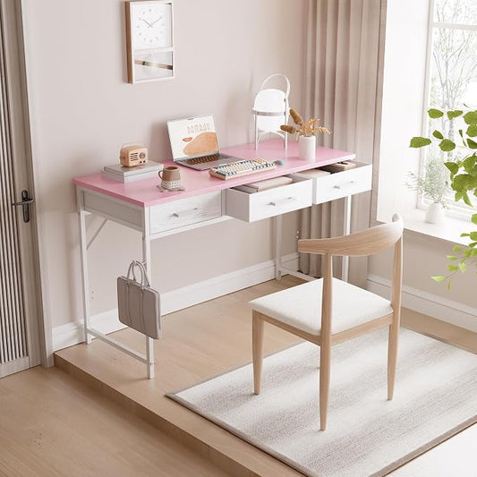 Pamray 47 Inch Small Computer Desk with 3 Drawers for Bedroom Study Writing Home Office Table for Small Spaces Pink