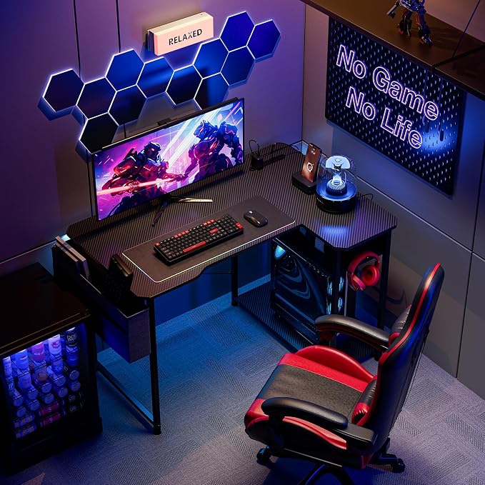 Acrolix L Shaped Gaming Desk 40 Inch - Computer Corner Desk with Power Outlets, Reversible Shelves & Storage Bag for Home Office, PC Gaming Table, Black Carbon