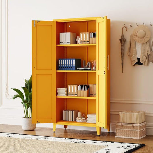 61" Yellow Metal Storage Cabinet and Lock, 2-Door Metal Locker Cabinet with Adjustable Shelves, 4-Tier Steel Storage Locker for Bedroom Living Room Kitchen Home Office Size:61"H X 27.6"W X 13.8"D