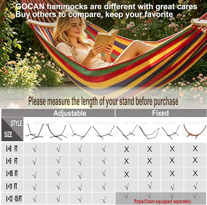 GOCAN Double Hammock 2 Person Extra Large 220x160cm Total Length 330cm Load 500lb Canvas Cotton Hammock for Patio Porch Garden Backyard Lounging Outdoor and Indoor with Removable Spreader bar