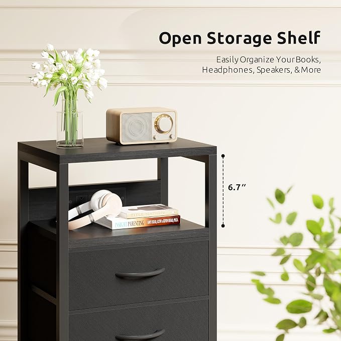 Lazzanto NightStand Bedside Charging Table Bedroom - Black Night Stand with Charger Station, Modern Bed Side End Table with Open Shelf & 4 Fabric Drawers, USB-C Port for Dorm Living Room