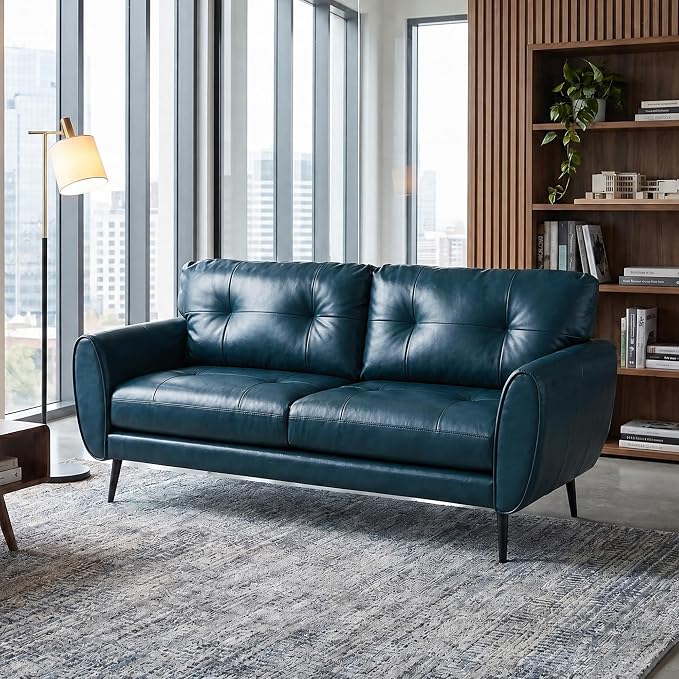 TYBOATLE Sofa Couch 61" Small Loveseat Couches for Living Room Blue Leather Couch Mid Century Modern Tufted Mini Sofa Comfy Office 2 Seat Settee Love Seat for Small Spaces Bedroom