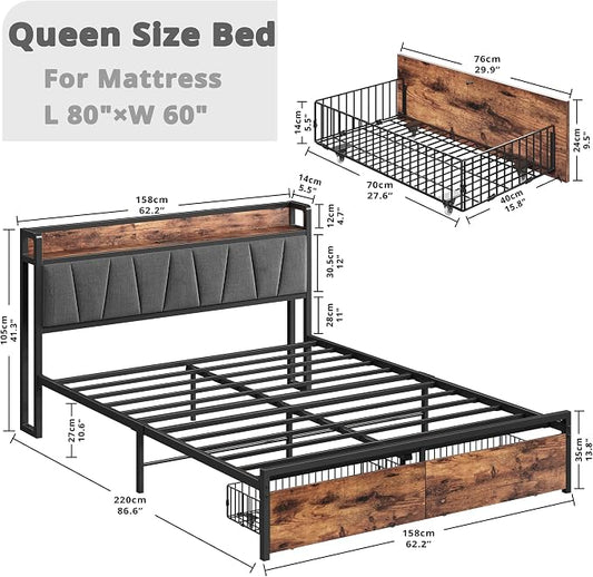LIKIMIO Queen Size Bed Frame with 2 Drawers and Charging Station | Platform Bed with Upholstered Storage Headboard, No Box Spring Needed, Easy Assembly, Sturdy, Vintage Brown and Gray