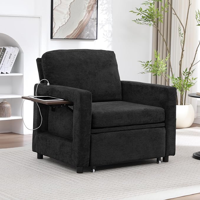 3 in 1 Folding Convertible Sleeper Sofa Bed Pull Out Couch with Side Pockets USB Port Side Table Single Sofa Bed with Adjustable Backrest for Living Room Bedroom 66" Black 1 SEAT