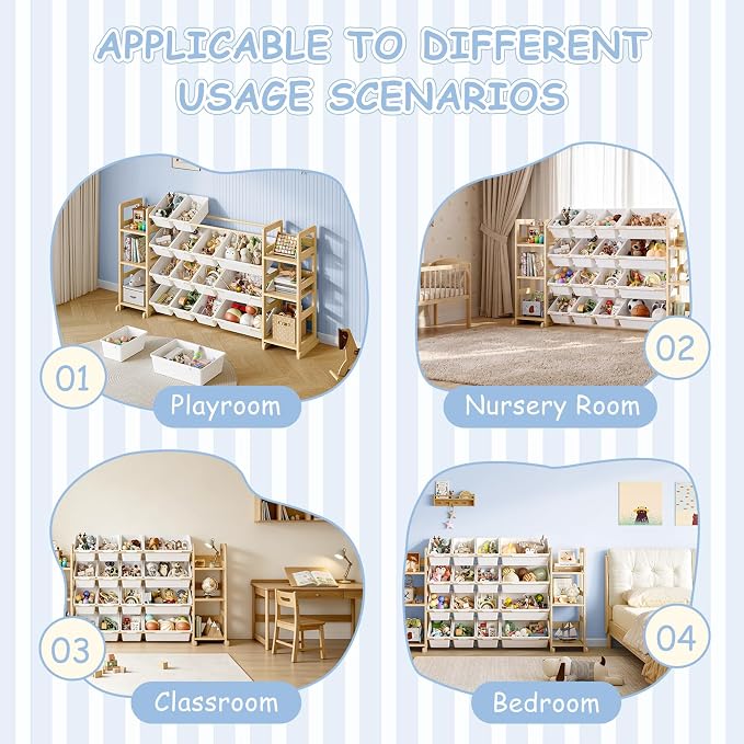 EXPERLAM Extra Large Toy Storage - Toy Storage Organizer, Wooden Toy Organizer with 6 Side Shelves and 16 Bins, 3-in-1 Bookshelf for Kids Rooms, Playroom, Nursery, White