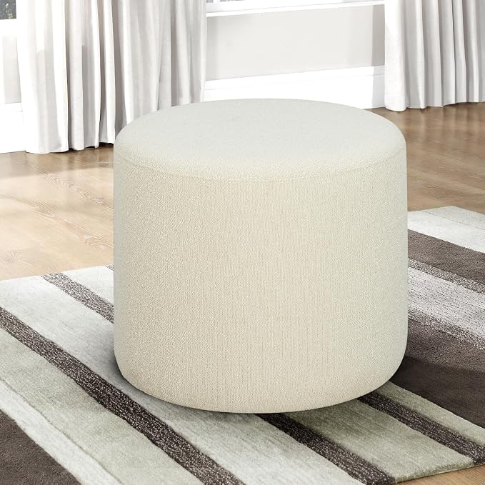 Studio Living Wentworth 19" Round Ottoman, Urban Transitional, Fully Assembled, Soft Boucle Fabric, Snow