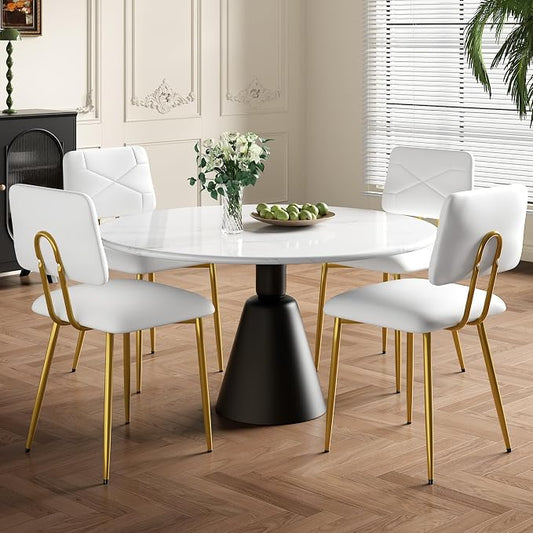 VECELO Dining Chairs Set of 4, Modern Upholstered Kitchen Chairs with Faux Leather Cushion Seat & Metal Legs for Kitchen, Living Room, Tufted Backrest Design, White