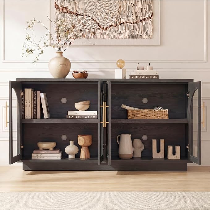 Arden Collection 2-Piece Display & Storage Cabinet Set, Arched Glass Door Sideboard and Tall Pantry Cabinets with LED Lighting, Wine Storage and Charging Station for Dining Room, Coffee Bar,Black Grey