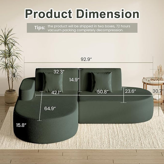 MELLCOM Modern 93" Curved Boneless Sofa Couch, L-Shaped Corner Sofa, No Assembly Needed, Chenille Upholstered Cloud Sectional Couch for Living Room, Bedroom and Apartment (Green, Left Hand Facing)