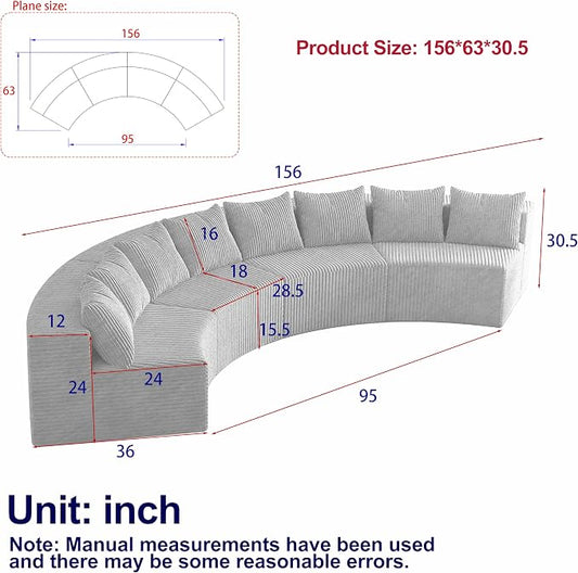 KEIKI Corduroy Curved Sectional Sofa, 4 Seater Symmetrical Modular Semi Circular Couch, Tufted Corner Sofa for Living Room, Lobby, Gray