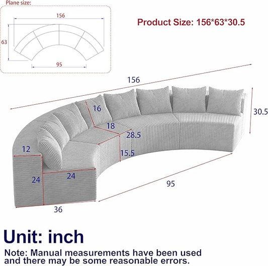 KEIKI 4 Seat Corduroy Curved Sectional Sofa, Symmetrical Modular Semi Circular Couch, Deep Seat Tufted Corner Sofa for Living Room, Lobby, Black