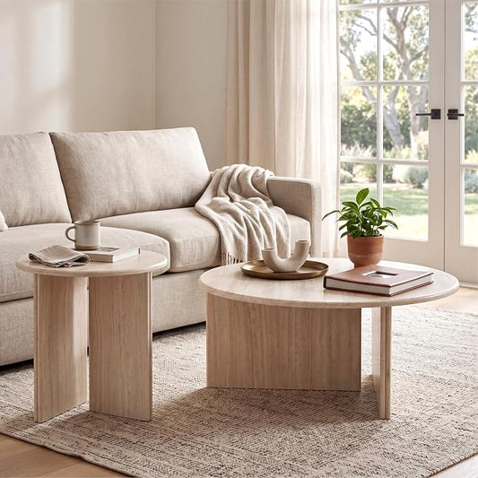 DUOMAY Coffee Table and End Table Set of 2 Modern Round Nesting Coffee Table Faux Marble Side Table Wooden Beige Travertine Finish for Living Room, Reception Room, Home Office