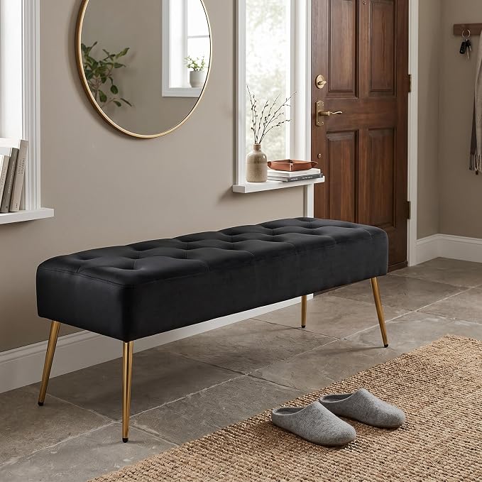 DUHOME Button-Tufted Ottoman Bench, Upholstered Bedroom Benches Velvet Footrest Stool Accent Bench for Entryway Dining Room Living Room Bedroom End of Bed, Black