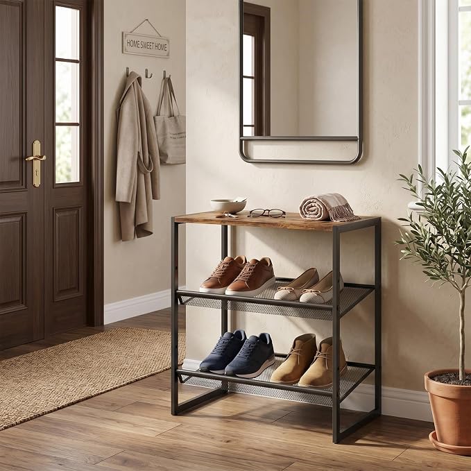 Shoe Rack for Entryway,3 Tier Shoe Storage Organizer,Sturdy Shoe Shelf,Boot Rack with a Fine Mesh Shelves,for Living Room, Hallway,Small Space,11.8 x 16.5 x 19.7 Inches,Brown