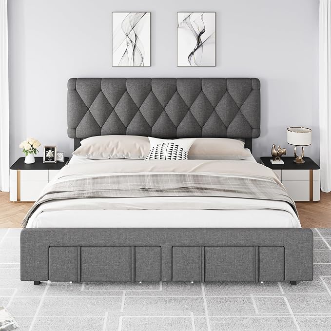 GarveeHome Queen Size Bed Frame, Upholstered Platform Bed Frame with Storage Drawers, Mattress Foundation with Solid Wooden Slats Support, No Box Spring Needed, Grey