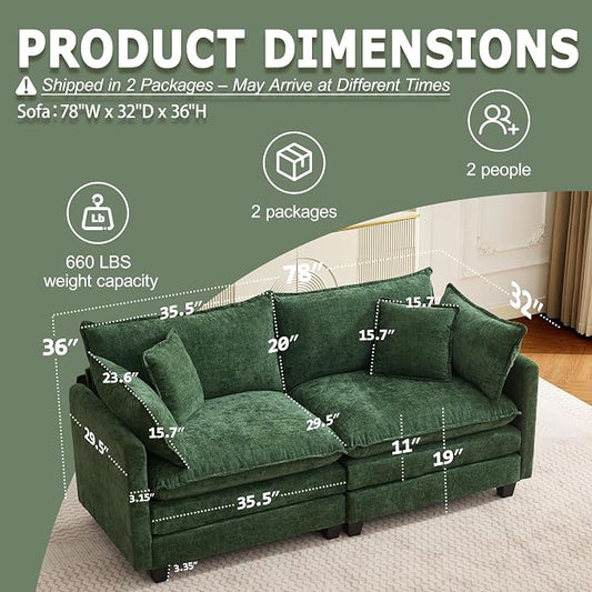 78" Modular Sectional Sofa, Cloud Couch Loveseat Sofa, Deep Seat Washable Chenille Fabric Sofa with Throw Pillows, 2 Seat Modern Couches for Living Room Bedroom Apartment, Green