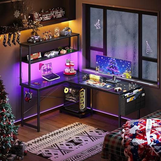 ODK 43 Inch L Shaped Desk with LED Lighting, Reversible Gaming Desk with Power Outlets, Cornor Computer Table with Storage Shelves & Bag & Iron Hook, Home Office Table for Writing, Study, Black