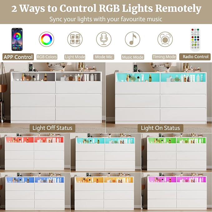 6 Drawer Dresser for Bedroom 47" Wooden White Dressers Chests of Drawers | Double Closet Storage Cabinet w/ Charging Station LED RGB Lights 2 Open Shelves Modern Dresser TV Stand for Living Room
