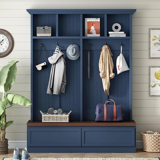 55.9" W Hall Tree with Bench and Shoe Storage,Shoe and Coat Rack with Drawer and Hooks,Farmhouse Furniture for Entryway,Mudroom,Living Room,Blue