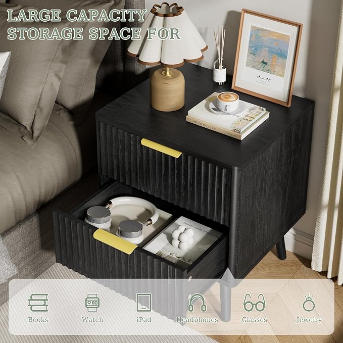 LYNSOM 3 Pieces Queen Bedroom Set, Floating Bed Frame with Smart LED Lights & Nightstand Set of 2, Fluted Bedroom Furniture Set for Home, Bedroom, Black